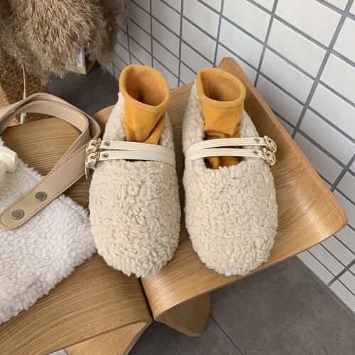 Warm Fur Fluffy Loafers Ballets Flats Shoes Woman Winter Flock Solid Moccasins Slip-Ons Peas Plush Flats Footwear U12-98