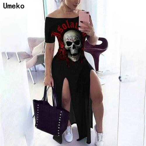 Umeko 2021 Summer Skull Print Off The Shoulder Split Y2k Maxi Dress Women Short Sleeve Bodycon Plus Size Elegant Ladies Dresses