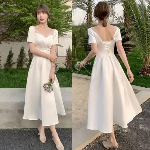 A-Line Vintage Tea Length Wedding Dress 2021 Korean Soft Satin Sweetheart Short Sleeves Bridal Gowns vestidos de mairee Wedding