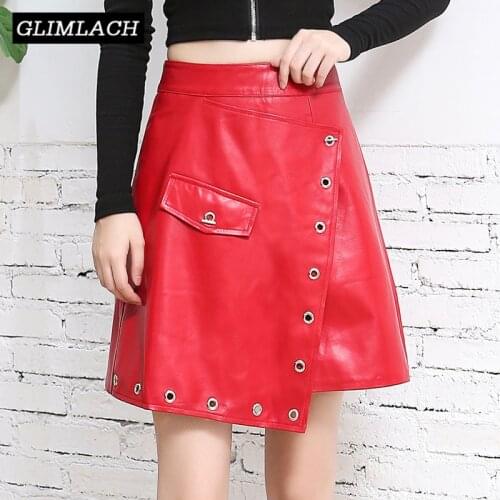 Spring Irregular Genuine Leather High Waist Skirts Women Red 100% Lambskin Real Leather Rivets A-Line Skirts Female Streetwear