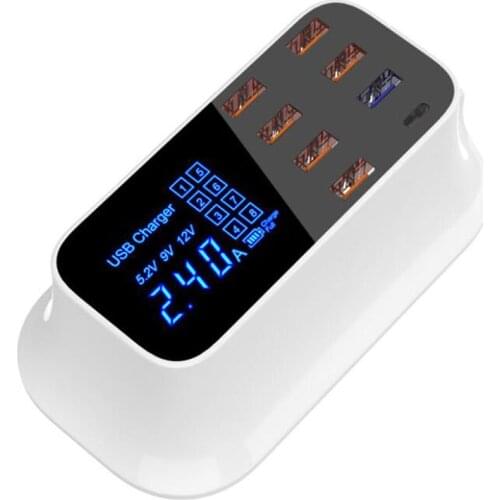 Multiple USB Charger, 8-Port Desktop Charging Station Hub with Quick Charge 3.0 USB Port, Type C Port and LCD Display