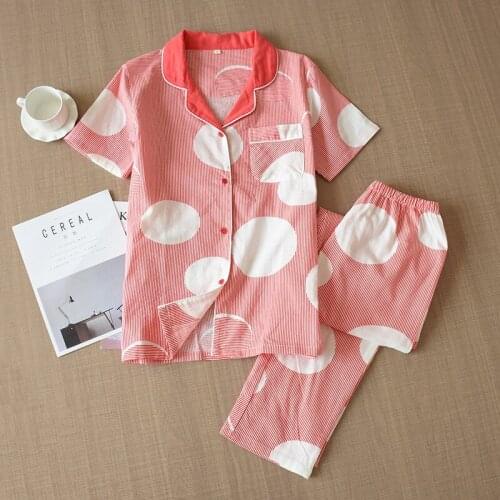 Pyjamas Women Summer Casual Comfortable Simple Short-sleeved Trousers Homewear Double-layer Cotton Gauze Lapel Print Pajamas Set