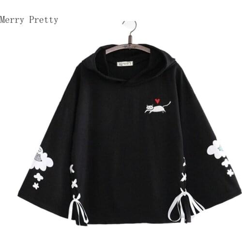 Cotton Hoodies Womens Cartoon Cat Print Hooded Sweatshirts Harajuku Kawaii Clothing Femme 2021 Summer Flare Sleeve Lace Up Top