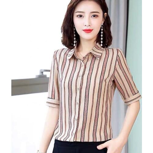 Women Spring Summer Style Chiffon Blouses Shirts Lady Casual Turn-down Collar Striped Printed Blusas Tops ZZ0427