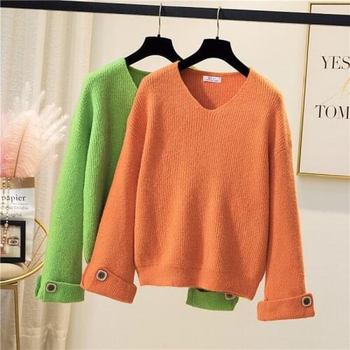 Plus Size Tops Casual Women Sweater 2021 Autumn Winter Loose V-neck Knitted Sweaters Thick Warm Oversized Jumper Pull Femme