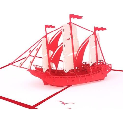 10pcs Wholesale 3D Handmade Red Cover Boat Sailing Ship Paper Greeting Cards PostCard Birthday Bussiness Christmas Creative Gift