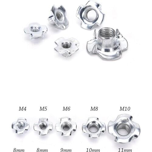 10 Pcs/Set M4 M5 M6 M8 Zinc Plated Four Claws Nut Speaker T-nut Blind Pronged Insert Tee Nut Furniture Hardware