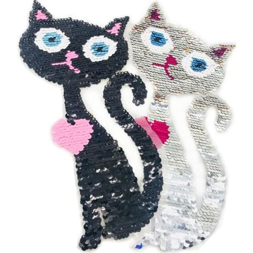 Clothing Accessories Cutie Cartoon PussyCat Sequins EMB Applique Sew On Patch DIY Embroidered Bling double-faced Reversible