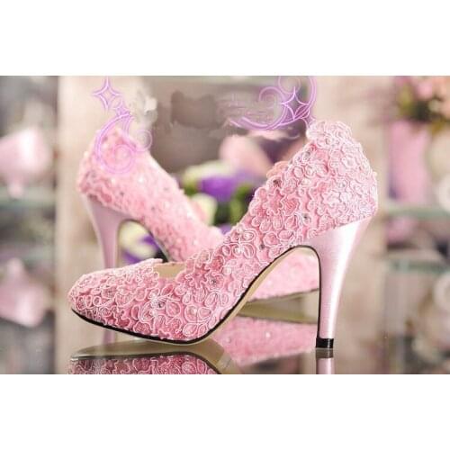2018 Handmade Romantic Pink Lace Satin rhinestone pearl wedding shoes Bridal Dress Shoes Women Dress shoes Size34-42