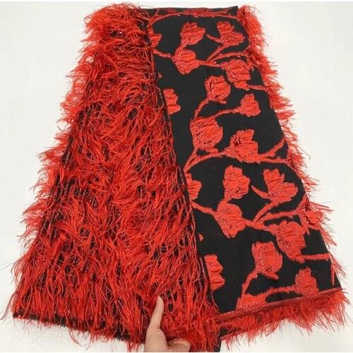 2021 Red Jacquard Fabric Brocade Lace Fringing African Damask Floral Organza Mesh Material French Tulle Net Dress Cloth POZ42
