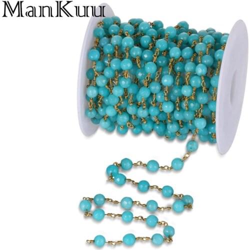 Mankuu 6mm Faceted Blue Jades Bead Chains For Jewelry Making Gold Plating Wire Wrap Chains Turquoises Color Rosary Chains 5M/Lot
