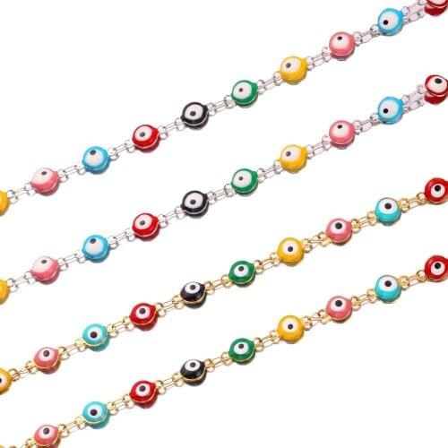 1 Meter 6mm Stainless Steel Turkey Eye Charm Chains Enamel Black Red Blue Eye Protection Link Chains for DIY Jewelry Making