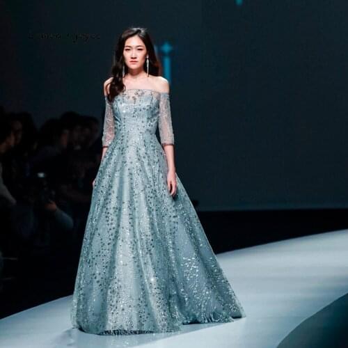 Elegant Grey Prom Dresses with half Sleeves Boat Neck Beading Formal Evening Ball Gowns 2019 Sexy See-through Party Dress