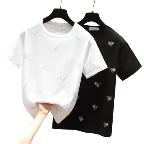 Summer Casual Knitted Basic T-Shirt Women Short Sleeve O-Neck Diamonds Tops Female Oversized Cotton tshirts Ladies Harajuku