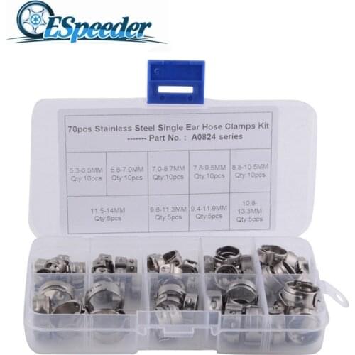 ESPEEDER 70pcs/set Single Ear Hose Clamps Double Ears ClampHose Fuel Clamps Assortment For Hydraulic Hose Fuel 5.3-14.0mm