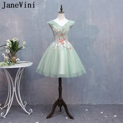 JaneVini Charming A Line Short Prom Dresses Plus Size V Neck Appliques Pearls Backless Mini Tulle Formal Gowns Gala Jurken Dames