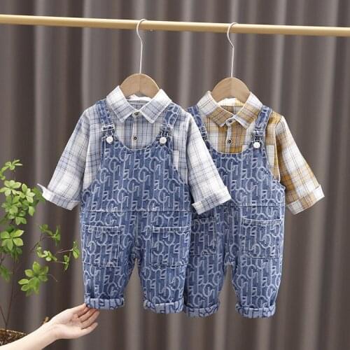 Baby Boys Clothing Sets Autumn Spring New Fashion Kids Infant Plaid Shirt+Full Print Letter Denim Pants Toddler Casual Outfits