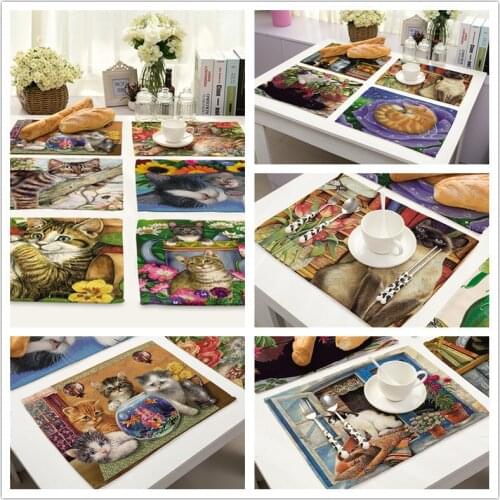 Cotton Linen Lovely Kitty Cat Printing Placemat Tableware Pad Coaster Insulation Mat Dining Table Decorative Accessories