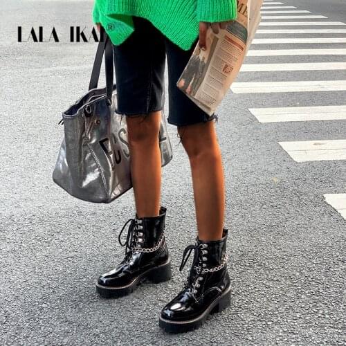 LALA IKAI Womens Chain Ankle Boots Cool Glossy PU Thick Heel Increase Lace-up Boot 2020 Fashion Female Autumn Winter XWC10362-4