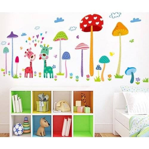 Multicolor mushroom wall sticker PVC Material Cartoon giraffe DIY wall decals For Living room Childrens room home decor sticker