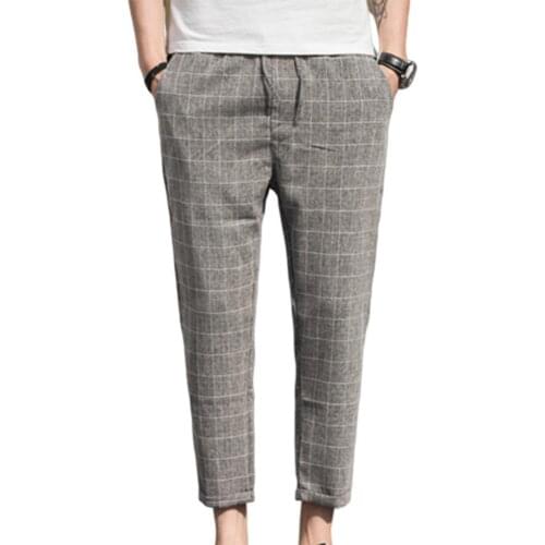 Fashion Men Pants Plus Size Men Plaid Drawstring Pockets Elastic Waist Pencil Trousers Ninth Pants костюм мужской 2021