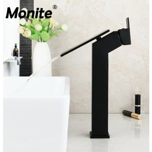 Monite Waterfall Bathroom Basin Faucet New Design Matte Black Counter Top Water Mixer Tap Solid Brass Wash Basin Sink Faucet