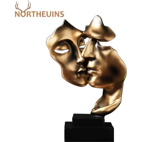 NORTHEUINS 27cm Resin Kissing Couple Mask Figurines For Interior Nordic Golden Abstract Statue Home Office Living Room Decor