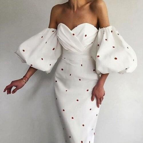 Sexy Lantern Sleeve Party Dress Long Strawberry Dress Women Elegant Vintage Strapless Off Shoulder Dot Print Evening Dresses