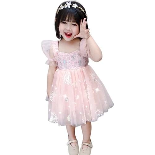 New Baby Floral Sequin Square Collar Short Sheer Sleeves Gauze Skirt For Little Girls 2-7 Years Summer Princess Pink Dress Cute
