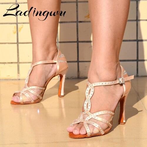 Ladingwu Dance Shoes Women Party Dance Shoes Skin Color Satin Mesh Shining Rhinestones Salsa Dance Shoes Sandals Cuban Heel 10cm