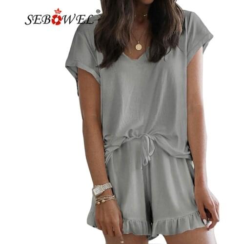 SEBOWEL Women Summer 2 Pcs Loungewear Sets Casual Female Short Sleeve T-shirt Top + Ruffle Drawstring Shorts Outfits Suits S-XXL