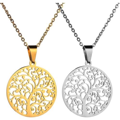 Hollow Out Tree of Life Round Pendant Necklace for Women Stainless Steel Necklace Family Love Sweater Jewelry Christmas Gifts