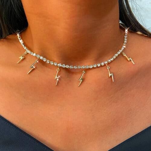 Flatfoosie Fashion Bling Cherry Leaf Crystal Pendant Necklace Women Gold Color Lightning Tennis Chain Choker Necklace Jewelry