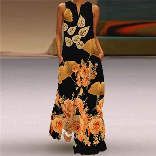 Sexy Dress Women Sleeveless Print Dresses Female High Waist V-Neck Loose Club Dress Summer 2021 Sleeveless Maxi Vestidos #T2G