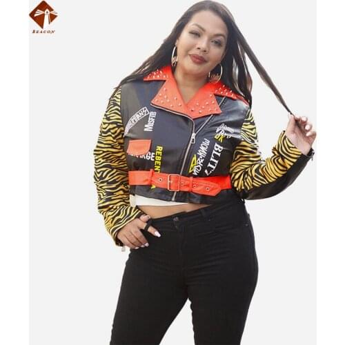 2021 Cool Leopard Print Leather Womens PU Jacket Rivet Print Lapel Tiger Head Print Fashion Zipper Slim Plus Size Leather Jacket