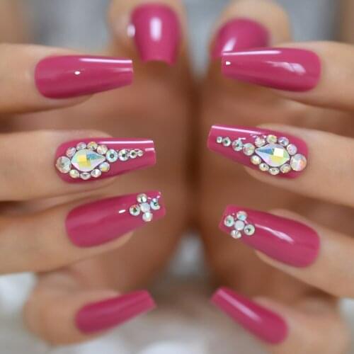 3D Bling Glitter Rhinestones Deco Rose Pink Coffin False Fake Nails Long Press on Party Finger Wear Nail Tips 24pc/set