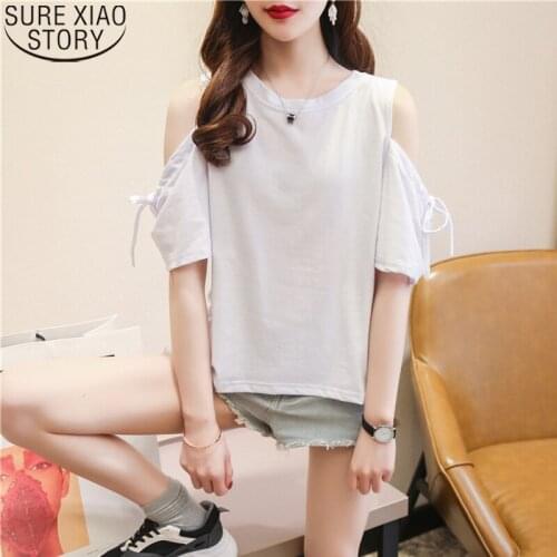 White Women Tops Sexy Blouse Fashion Off-Shoulder Short Sleeve Women Blouses Cotton Strap Casual O-neck Solid Blusas Shirts 9907