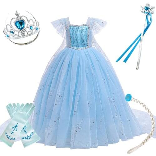 Kids Princess Dress for Girls Snow Queen 2 Elsa Elza Disguise Children Carnival Birthday Party Summer Costume Clothes Blue Color
