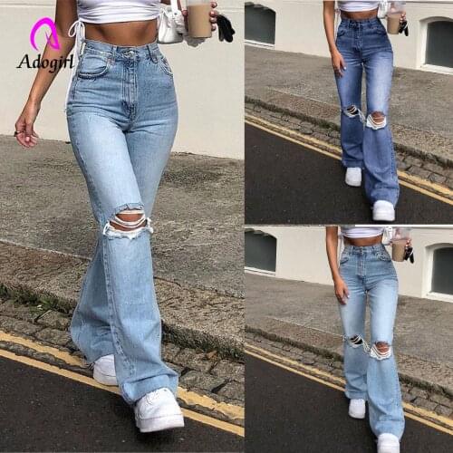 Distressed Classic Straight Leg Jeans for Women High Waist Femme Trousers Ripped Hole Casual Blue Wash Cotton Denim Baggy Jeans