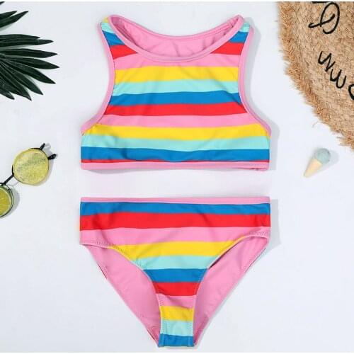 Striped Girls Swimsuit Kids Sport Racerback Two Piece Childrens Swimwear 4-14Years Girl Bikini Set Girls Bathing Suit Beachwear