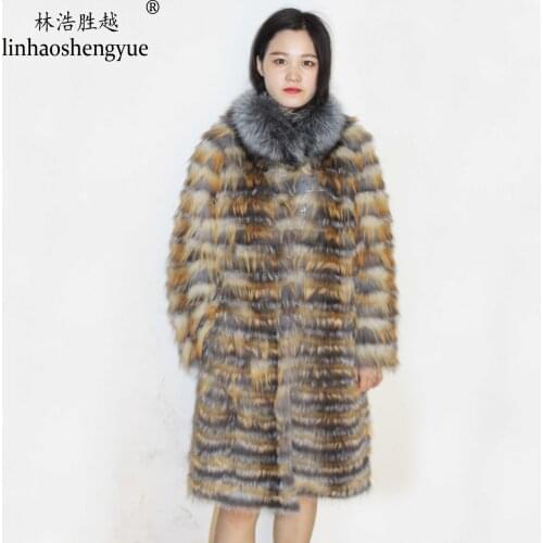 Linhaoshengyue 2020 New Hot Fox Fur Long Coat Wool Knit Liner With Stylish Stand Collar
