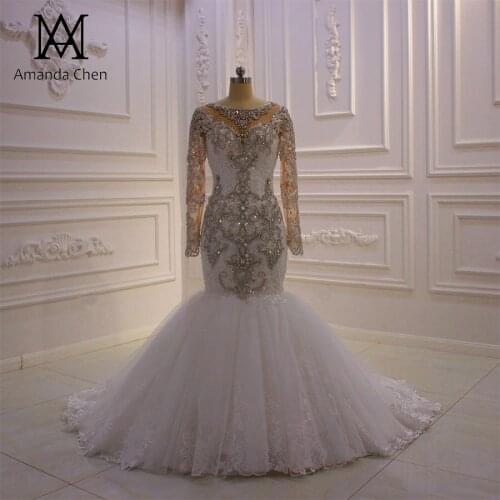 Mariage Long Sleeve Lace Appliques Crystal Mermaid Wedding Dress