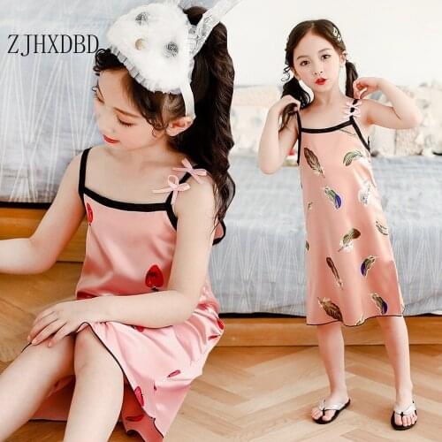 Toddler Girls Nightdress Ice Silk Nightgowns Girls Sleepwear 2020 Summer Childrens Homewear Baby Girl Pajamas Suspender Dress