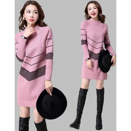 2020 new womens spring and autumn series of long knitted dress and semi-high collar sweater fashion dress dress 032
