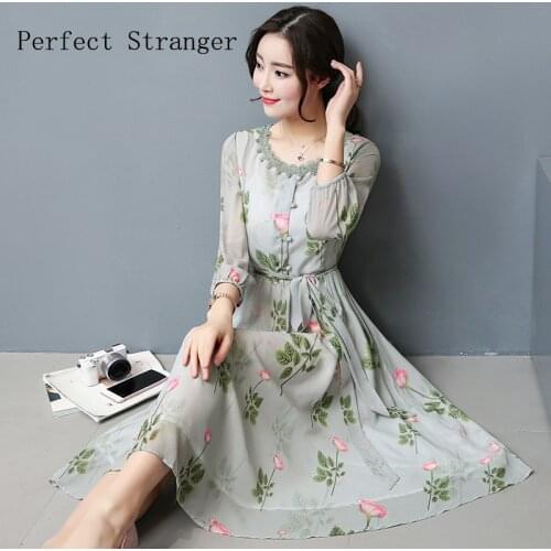 2021Summer New Arival Round Collar 3-XXXL Flower Printed Three-quarter Sleeve Woman Chiffon Dress