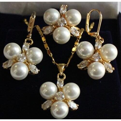 Beautiful natural 8mm shell pearl Pendant earrings ring set 6 color White, pink Blue and red black multicolor