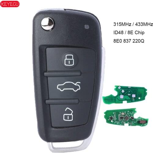 KEYECU Folding Remote Key 3 Button 315MHz / 433MHz ID48 / 8E Chip for Audi A4 S4 RS4 2005-2009 FCCID : 8E0 837 220Q 8E0837220K