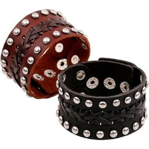 Vintage Jewelry Mens Wide Leather Bracelets Punk Rock Style Stainless Steel Round Rivet Motorcycle Biker Bracelet & Bangle