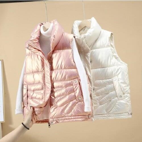 Stand Collar Womans Glossy Jacket Vest Casual Loose Zipper Sleeveless Ladies Waistcoat Female Solid Cotton Padded Vests Outwear