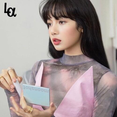 Luck A 2021 Tie Dye Pink Elasticity Translucent T-shirt Turtleneck Long Sleeve Female Fashion Tide Summer Lisas Same Style